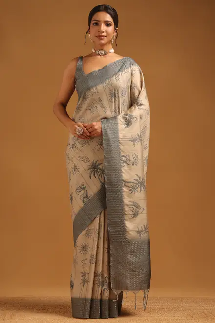 grey tussar botanical sarees womens soch srevdp